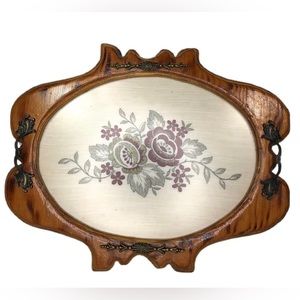 Vintage Wood Serving Tray Floral with Handles